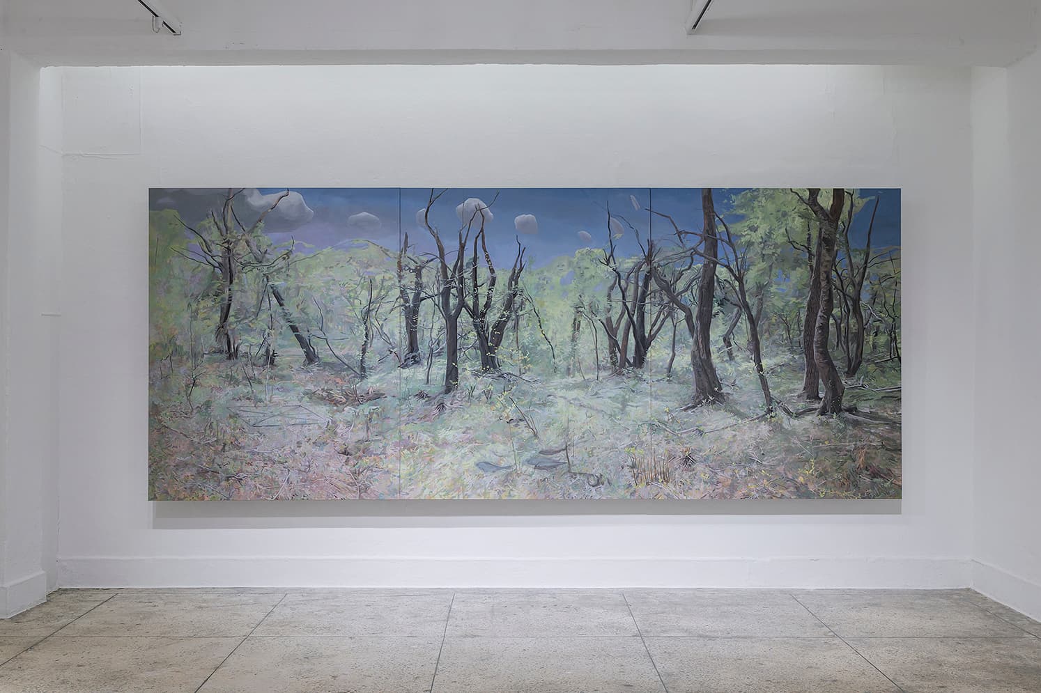 정아롱, In the Wood, 2024, oil on linen, 3 pieces, overall: 162×391cm.