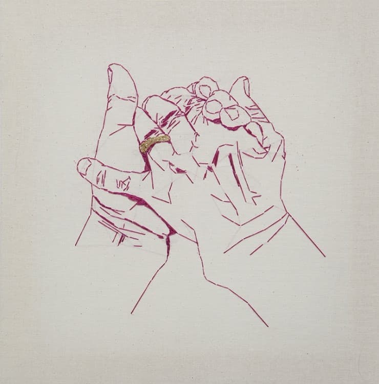 정지현, 내림 _ inheritane, 나무틀, 면천, 면사, 33.5 x 33.5 cm, 2017
