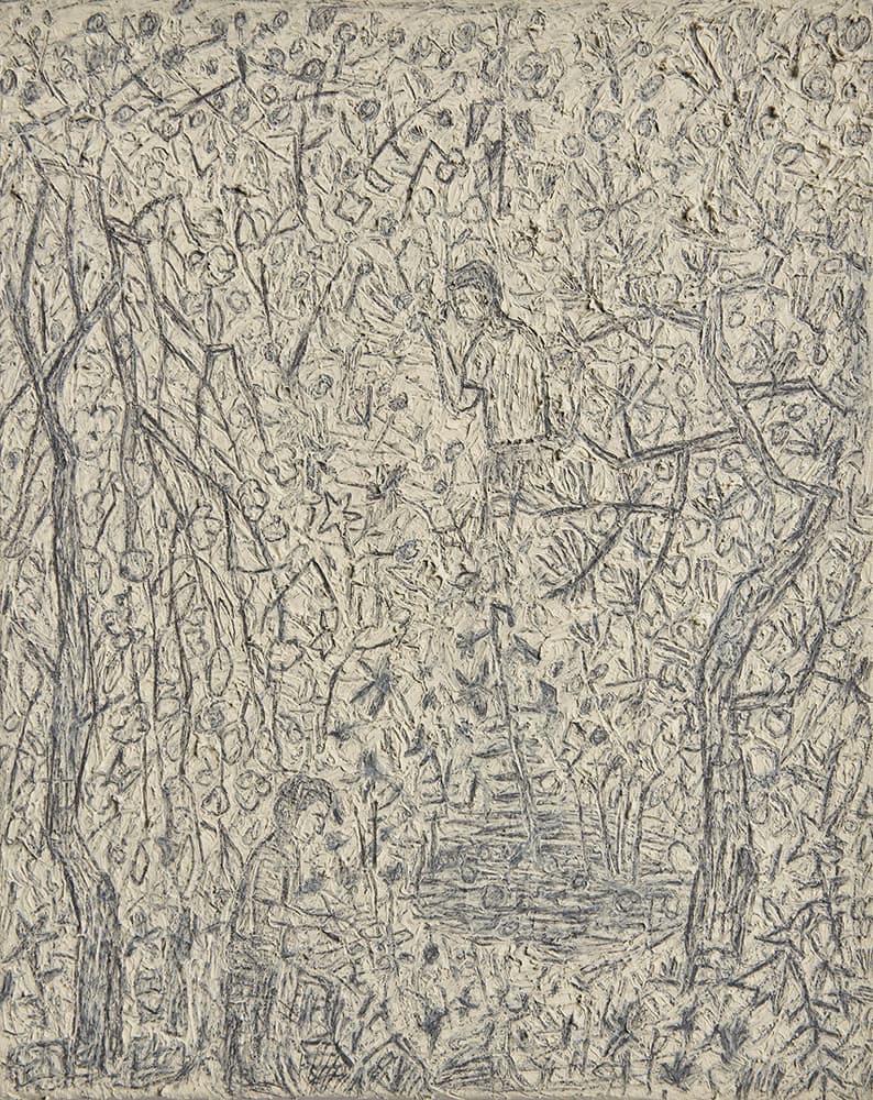 Sungsic Moon, Garden and Two Men, 2021, Oil and pencil on canvas, 27.4 x 22.2 cm, Courtesy of the artist and Kukje Gallery, Photo: Chunho An