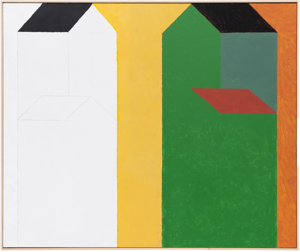 Horst Antes: Drei Häuser 2023 acrylic on wood 100 x 120 cm