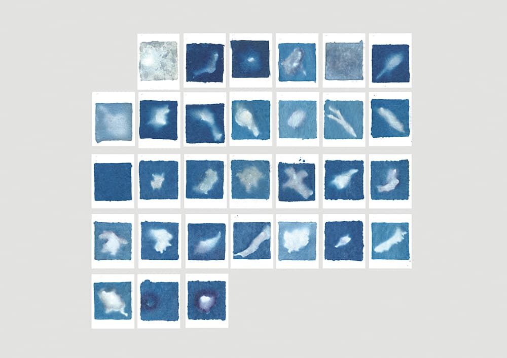 이경민, 어제의 구름, 오늘의 햇빛, 2022. cyanotype, 31 pieces each 19 x 15cm.