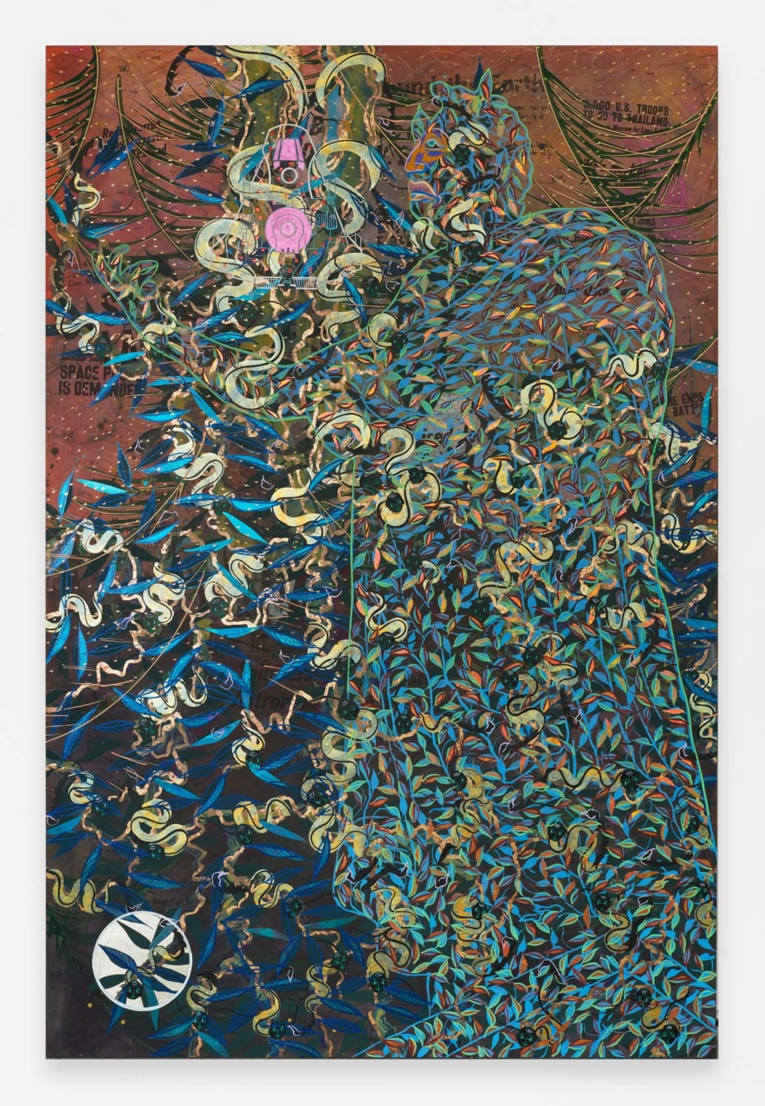 Leading the Way, 2023  Watercolor, vinyl paint, pastel, screen printing, rubber stamping, and metal leaf on paper stretched over wood  90 x 60 inches