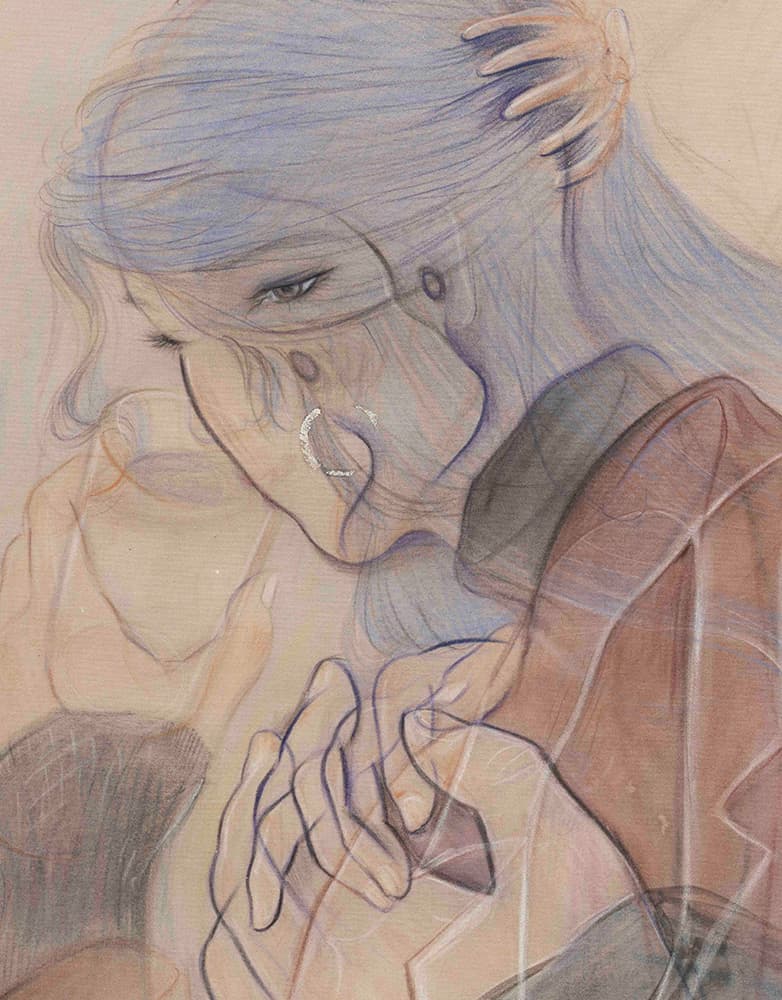 Next Time (detail), 2024 Watercolor & pastel pencil, walnut ink, genuine white gold leaf on silk