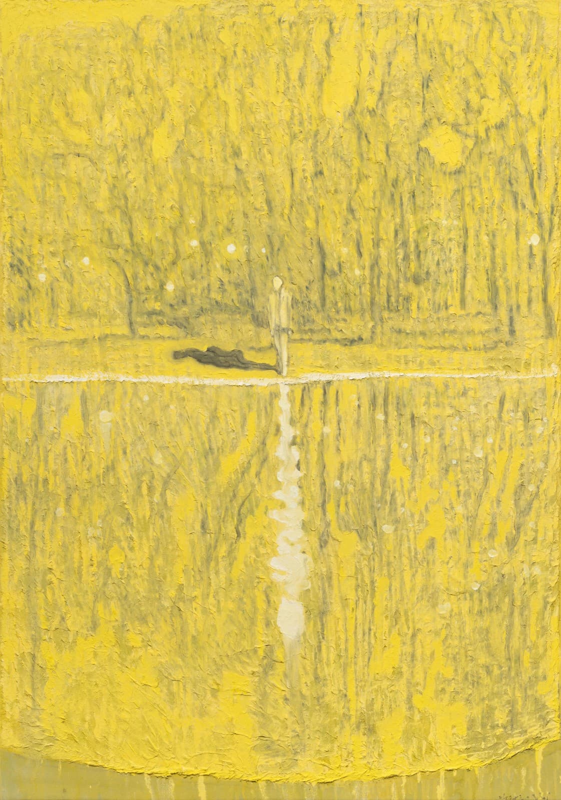 Yoo Geun-Taek, Reflection, 2023, Black ink, white powder, tempera and gouache on Korean paper mounted on wood, 144 x 101 cm