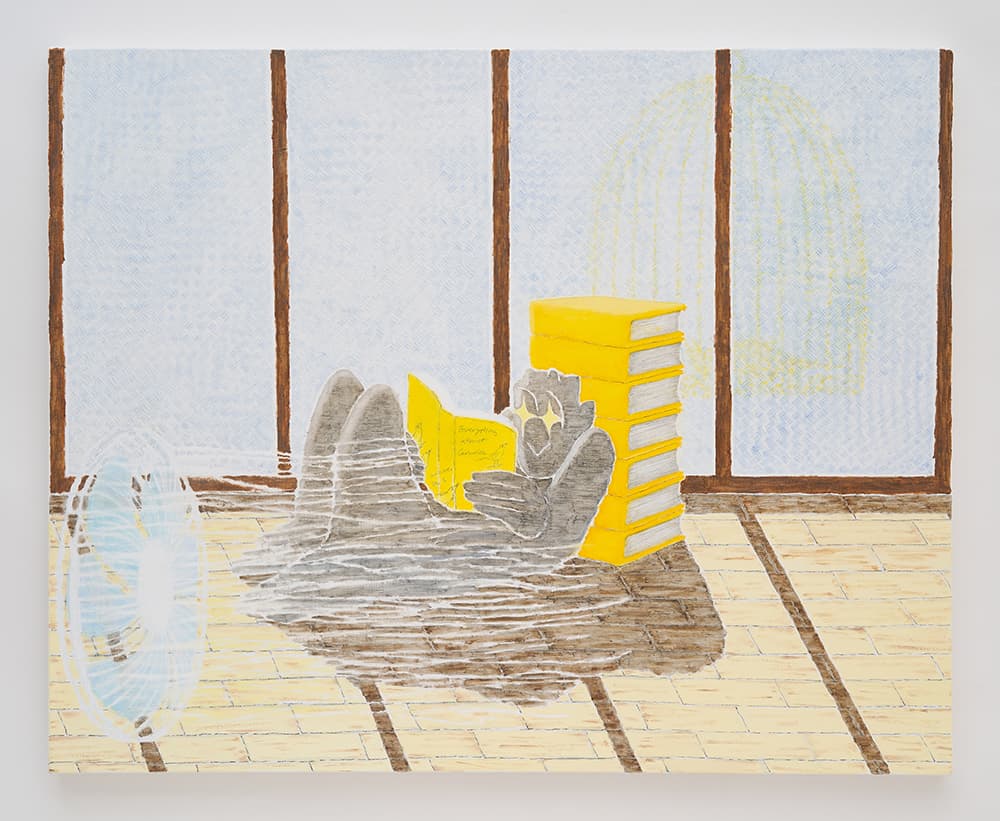 고니, 〈카나리아의 모든 것〉, 캔버스에 유채, 아크릴, 연필, 색연필, 73×91cm, 2022