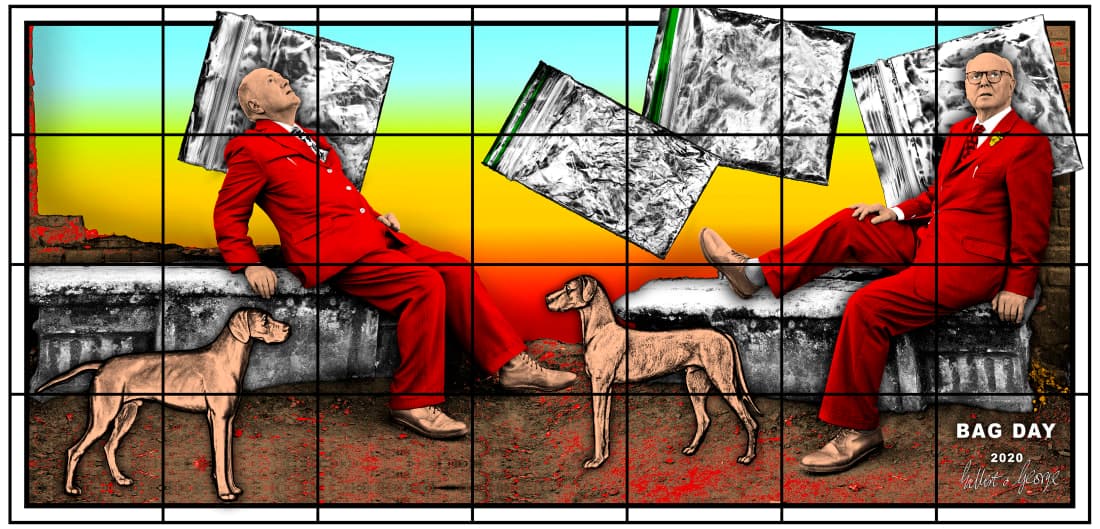 Gilbert & George BAG DAY, 2020 Mixed media 28 panels 254 x 528 cm
