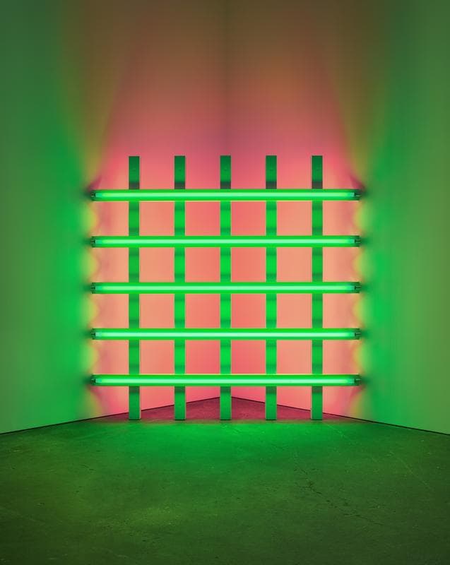 Dan Flavin. untitled (to Mary Ann and Hal with fondest regards) 2, 1976, green and pink fluorescent light, 8 ft. (244 cm) square across a corner