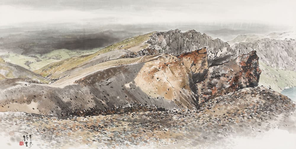 오용길, <백두산 일우>, 1990년, 종이에 수묵채색, 69×138cm