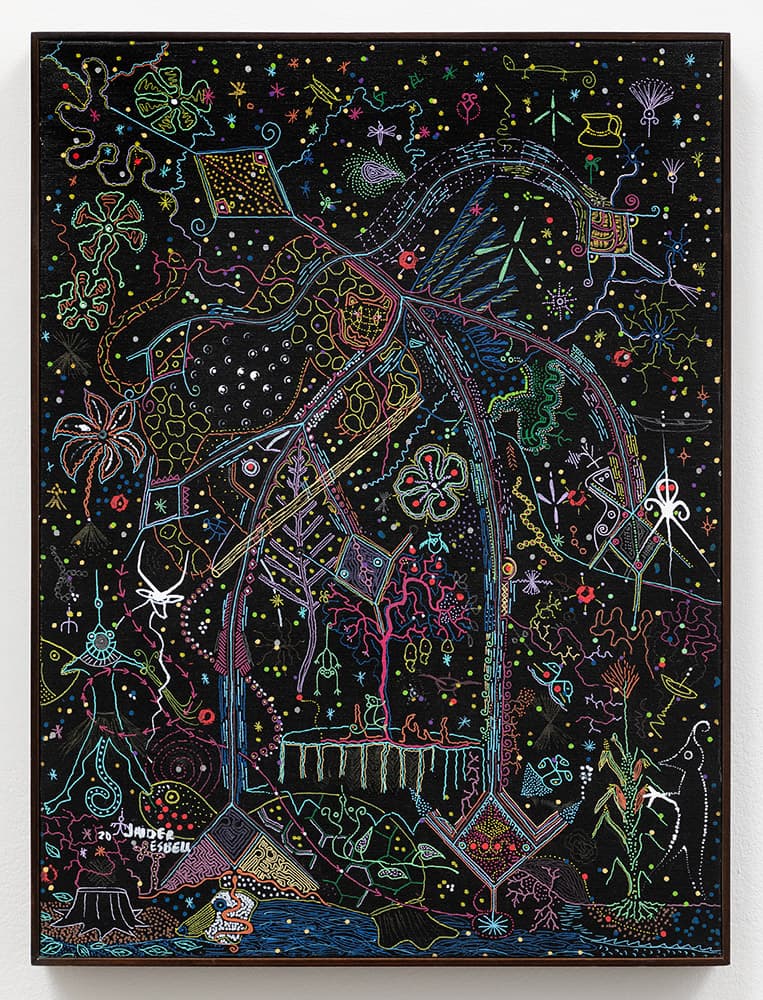 Jaider Esbell 〈A festa da chegada das chuvas〉 2020 Acrylic and permanent marker on canvas 52.7 x 39.4 x 2.9 cm, framed © Jaider Esbell