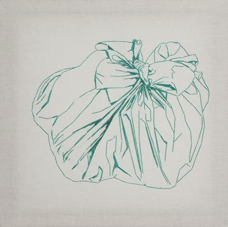 정지현, 바리바리-mintgreen _ full of bundles-mintgreen, 나무틀, 면천, 면사, 33.5*33.5cm 2017