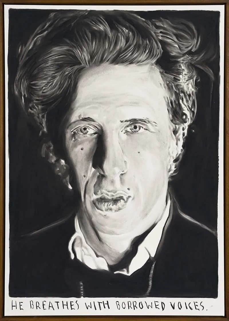 Rinus Van de Velde, He breathes with borrowed voices, 2025 charcoal on canvas 120 x 85 cm