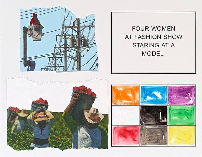 Storyboard (In 4 Parts): Four Woman At Fashion Show Staring At A Model, 2013. Varnished inkjet print on canvas with acrylic and oil paint, 193 x 246.7
