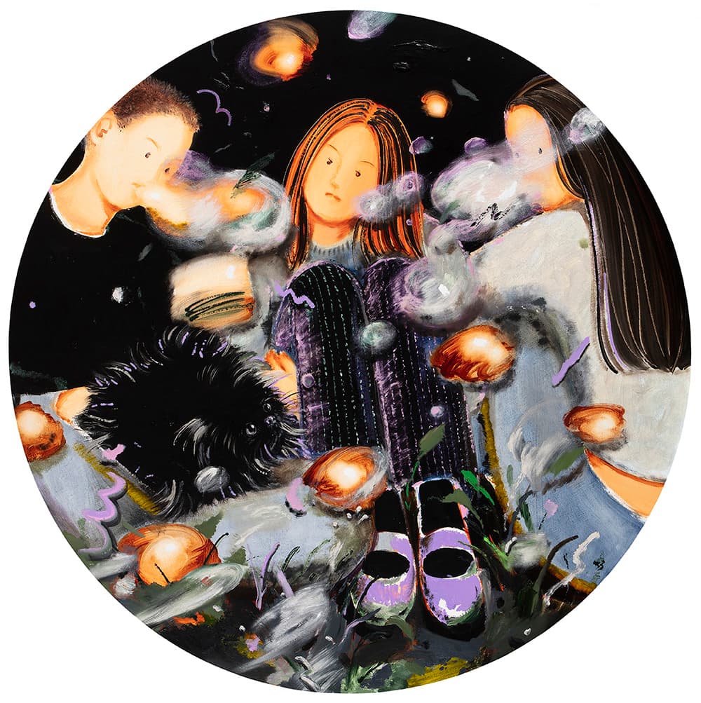 최수진, 〈검은뭉치와 세 사람〉, 2021, 캔버스에 유화, 120 x 120 cm