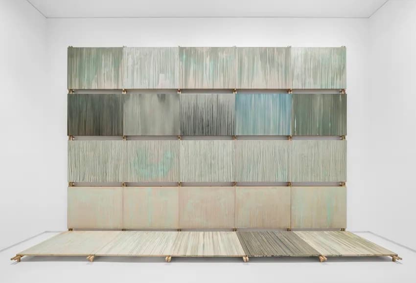 BYOUNG CHO. FOREST (SOIL), 2024. STONE PIGMENT, EARTH PIGMENT AND GAMBOGE ON CANVAS MOUNTED ON WOODEN STRUCTURE, DIMENSIONS VARIABLE.