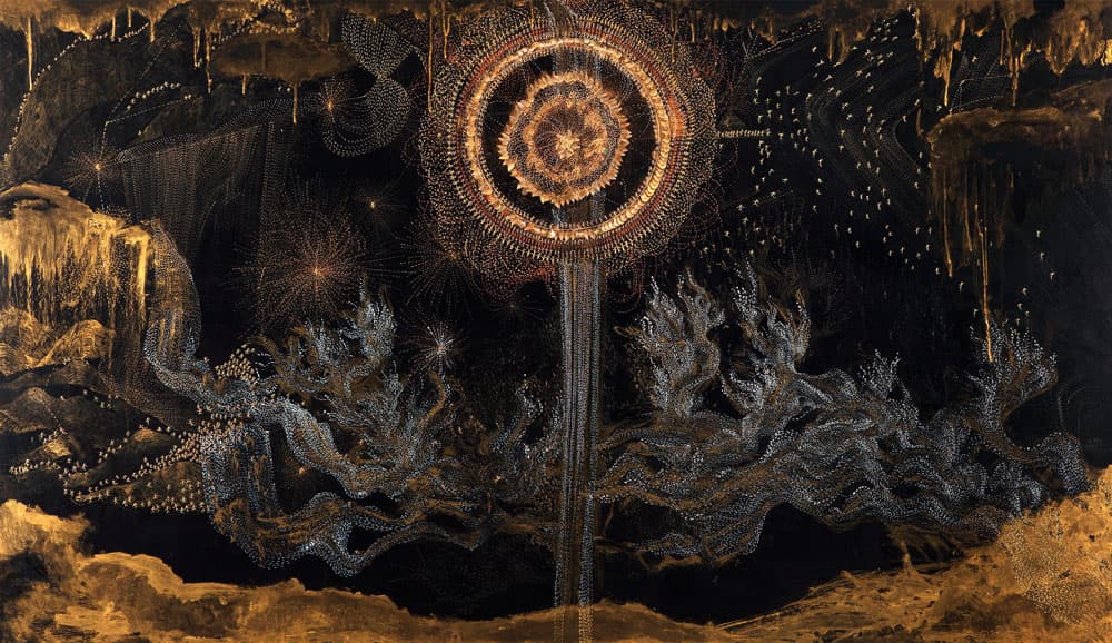 씬킴  끝의 시작Ⅲ  장지 위 먹, 금분, gutta안료, 플라스틱 장식품  240×160㎝  2013