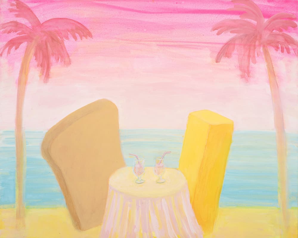 스캇 리더 Scott Reeder, Bread & Butter (with Tropical Drinks), 2023, Oil on canvas, 24 × 30in (61.0 × 76.2 cm)