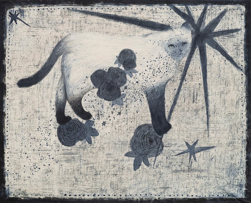 진지현, Rose cat, 한지에 먹과 채색, 53x65.1cm, 2024