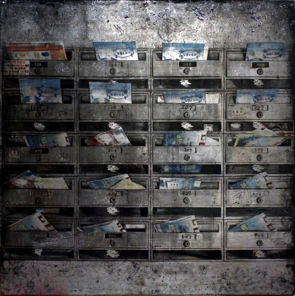 조현익_믿음의 도리Ⅲ_mixed media on iron plate, wooden panel, scratch_122×122㎝_2015