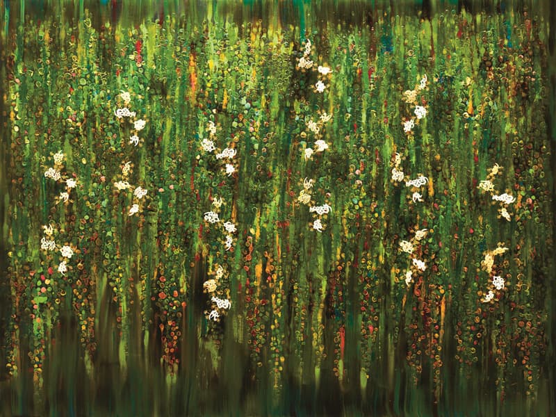 채림, 춤추는 버드나무 Dancing Willows 2017 목판에 자개, 22K 금도금 실버, 천연 옻칠  122x162cm