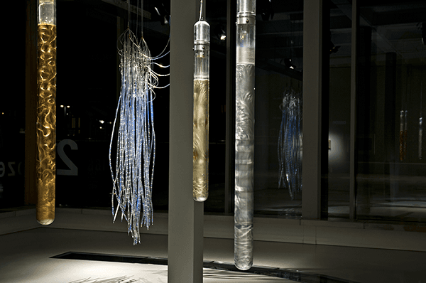 Triaxial Pillars, 2010-2013 Glass Cylinders, Aluminum, Photonic Crystal, Neodymium, Motor, Computer, etc. 150 x 10cm, 150 x 10cm, 120 x 10cm each