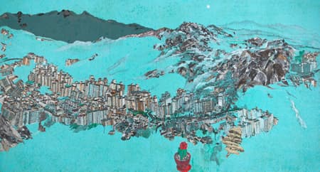 권인경 _ 헤테로토피아(Heterotopia)2016 _ 154.5x286cm _ 한지에 고서꼴라쥬, 수묵채색, 아크릴 _ 2016