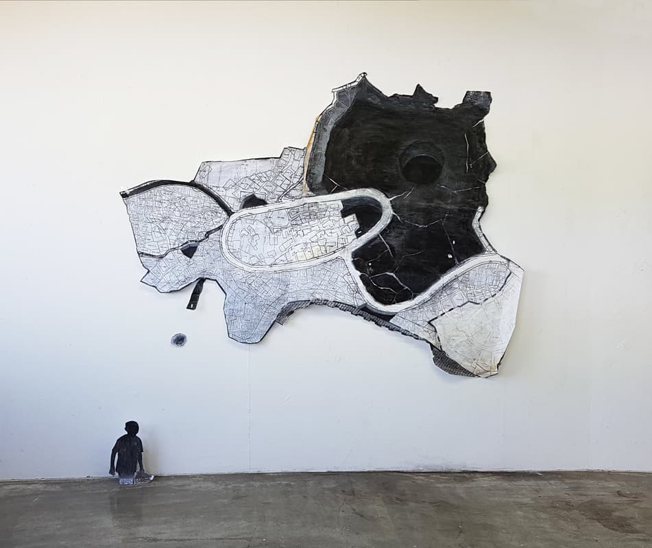이순주, 총 맞은 것처럼-북정마을재개발지도, 종이/ 혼합매체, 180x130cm, 2018