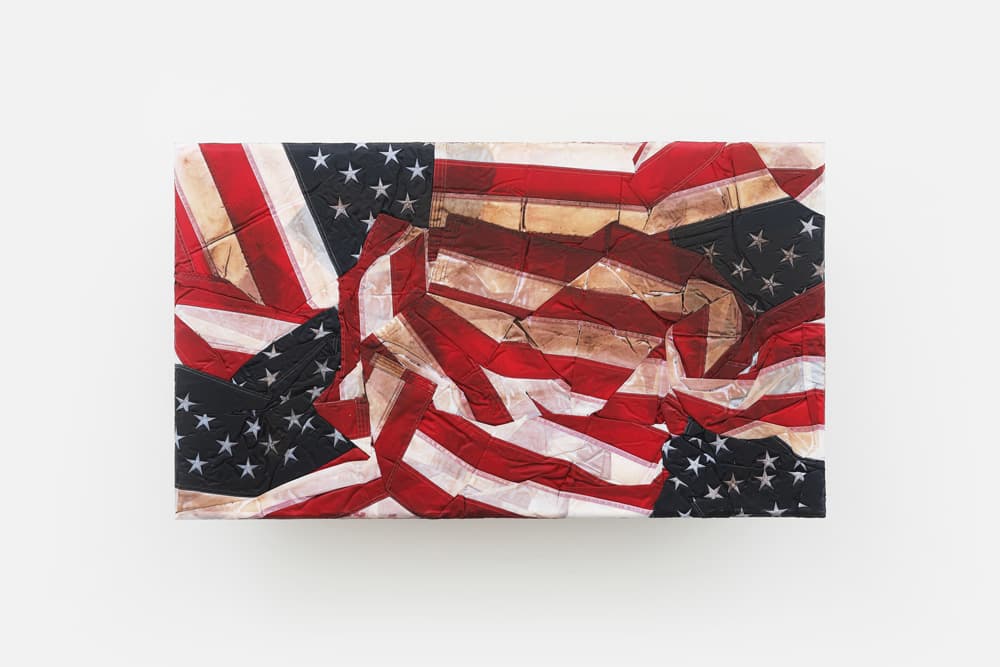 Josh Kline, Reality Television 13, 2020, Nylon flags, dirt, polyurethane, epoxy, microfiber, mounting hardware