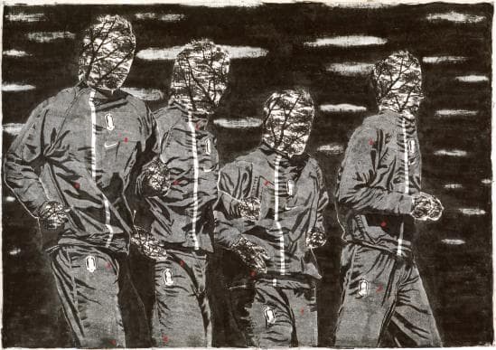 이태호, 축구선수들-뛰다_2004, oriental ink, charcoal, neopastel on Korean paper_150x215cm