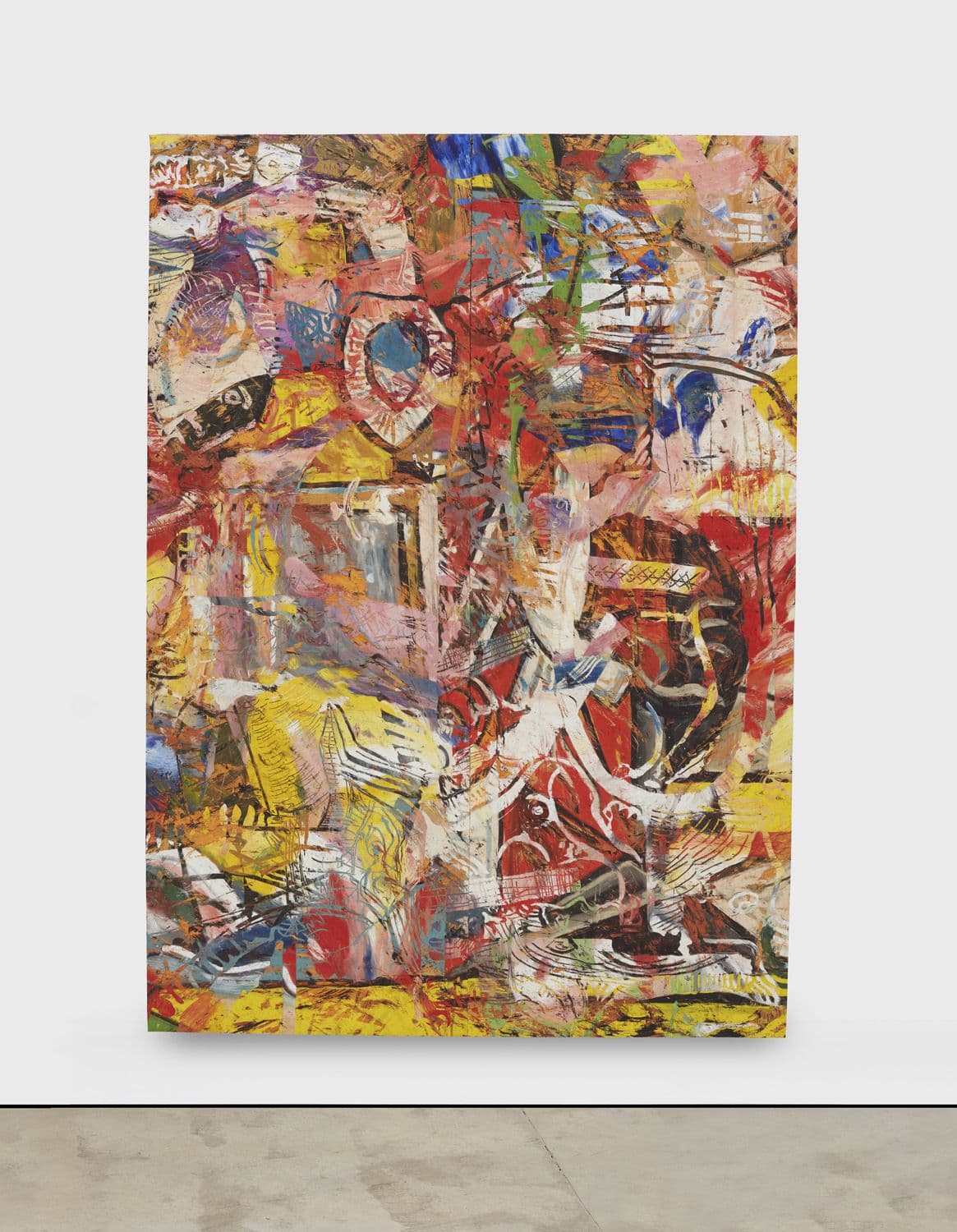 ANGEL OTERO, Mirrors and Ghosts Dancing on Yellow Floor, 2018, oil skins on canvas, 84 x 60 x 2.5 inches, 213.4 x 152.4 x 6.4 cm