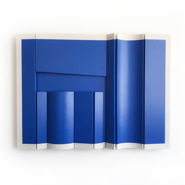 Robert Moreland, Untitled Blue Rectangle, Drop cloth on wooden panel with acrylic paint, tacks & leather hinges, 91.4 x 121.9 cm, 2018