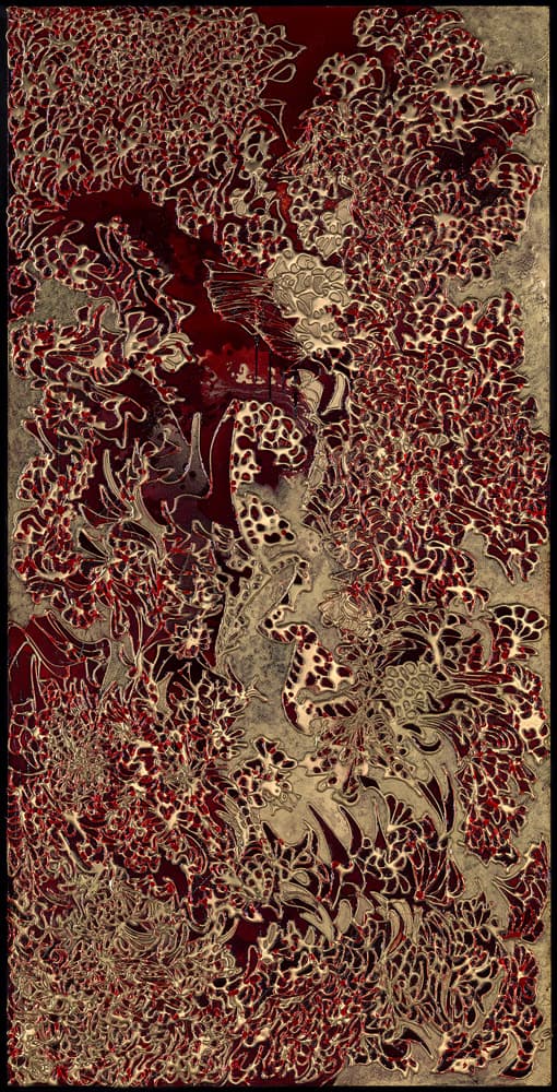 김민주, <I saw this coming 01>, 2019, 나무 보드에 글루, 글래스 잉크, 락커, 레진, 122 x 61 cm