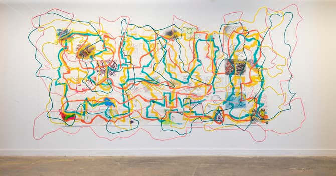 Collage : 60 People Drawing (ver.02), 아크릴 & 와이어 & 실, 그림_348x163cm / 조각_330x109x228cm, 2014