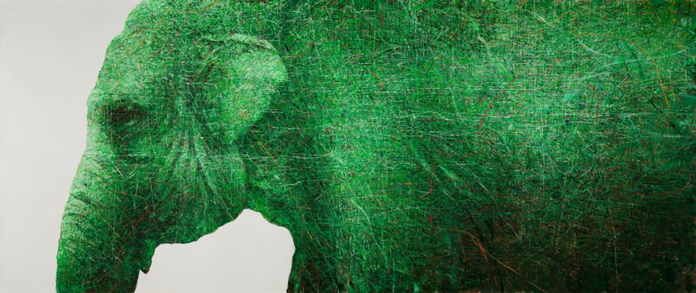 엄정순, 코끼리 걷는다 – 물과 풀이 좋은 곳으로 1 2013,  Acrylic oil stick on Paper,  200×650cm