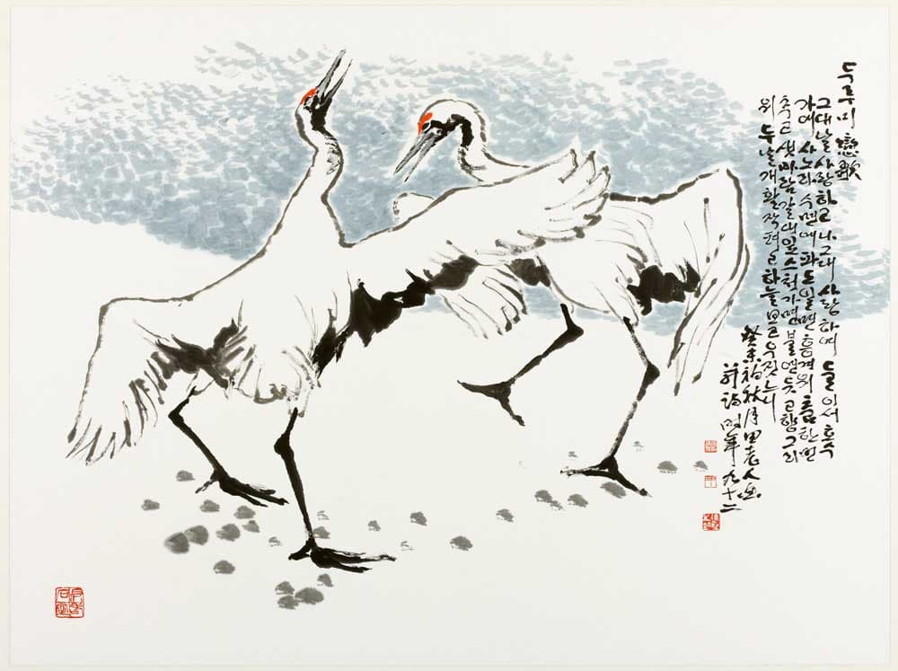 두루미 연가_월전 장우성_2003, 67.5×91cm, 종이에 수묵담채