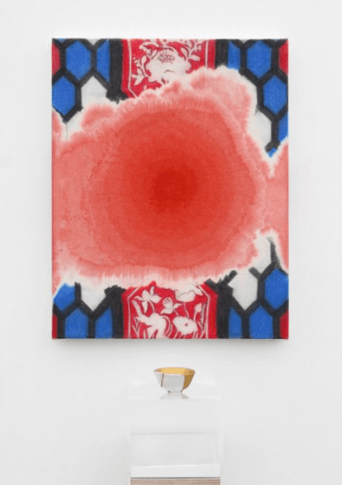 백자잔(중국-광저우), ceramics, lacquer and gold colored pencil, acrylic on cotton, 34.8×27.3cm, 2.5×4.7×4.7cm, 2017