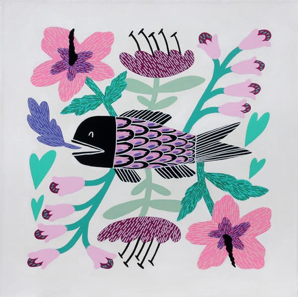 강은정, 즐거운물고기_천에아크릴물감_50x50cm_2018