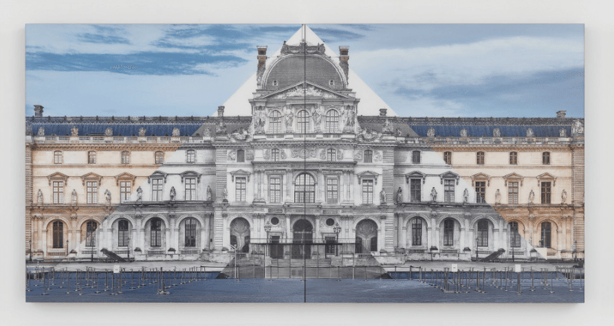 JR at the Louvre, La Pyramide, Colour photograph, mat plexiglas, aluminium, wood 100 × 200 cm Courtesy Perrotin