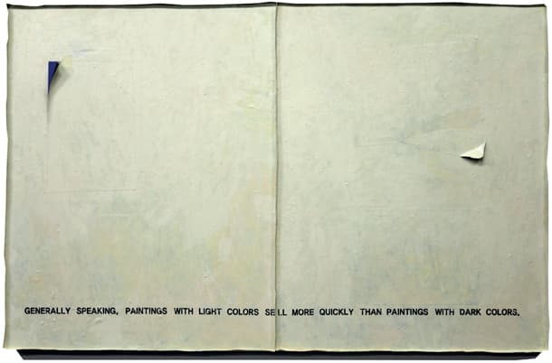 허구영, A TIP FOR ARTISTS WHO WANT TO SELL(after J. Baldessari), 73×120×3.5cm, 어둡게 제작한 과거의 나의 작품(2012년)에 밝은색으로 도포+레터링+연필, 접착 테잎, 오브제, 2018