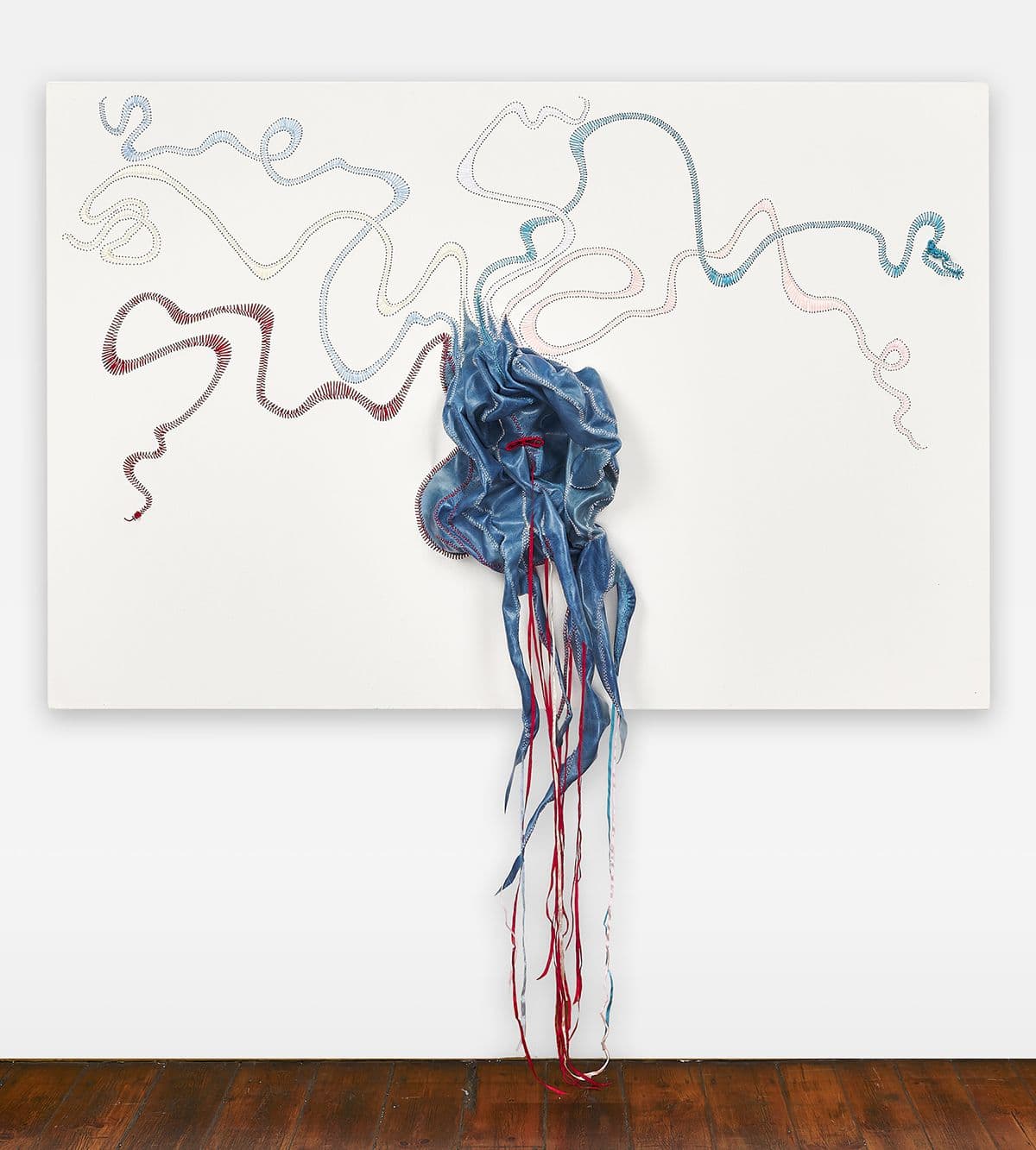 NICHOLAS HLOBO, Ibuthathaka, 2019, Ribbon and leather on canvas, 47.24 x 70.87 inches 120 x 180 cm