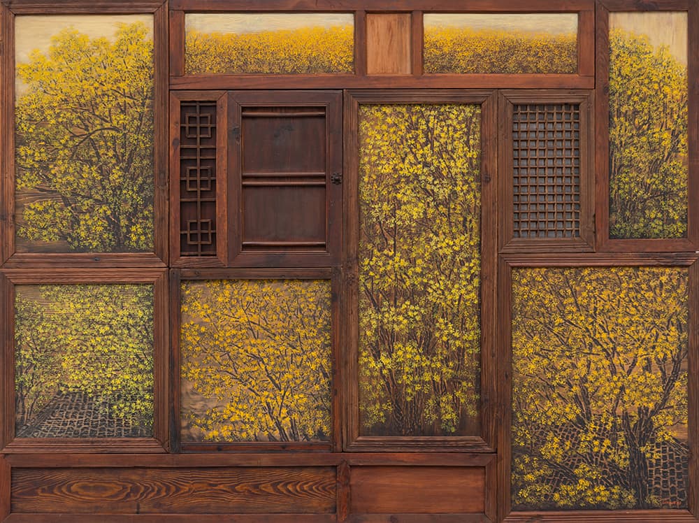 김덕용, 차경-산수유, 2020, 나무에 단청기법, 180 × 240cm