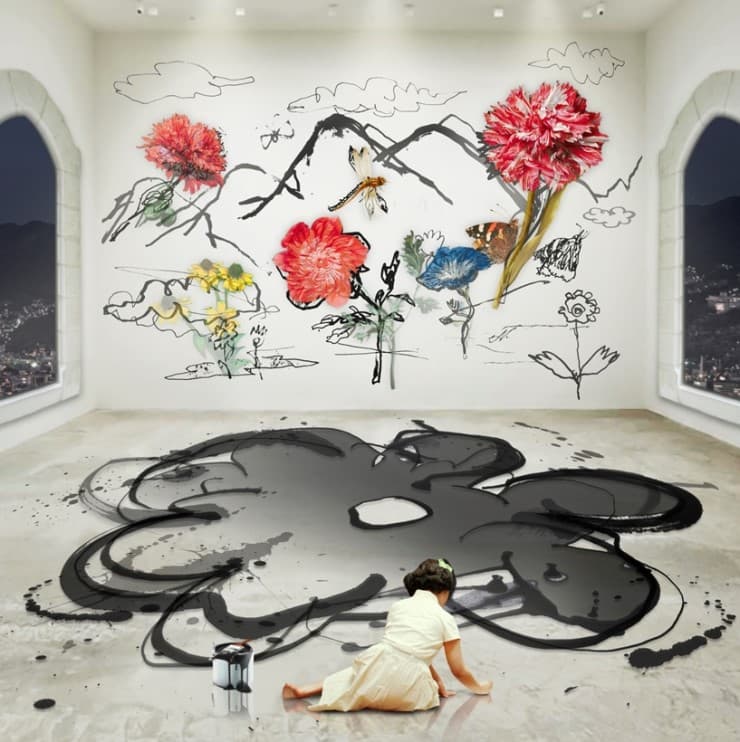 The Costume of Painter- Doodling on the wall S, little girl, a square 2 3D, 80x80cm, lenticular, 2016