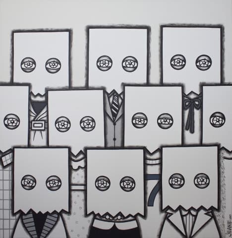 지니리, Paper Bag People (Paper Bag Men Series), 2017, Acrylic on canvas, 124 x 120 cm
