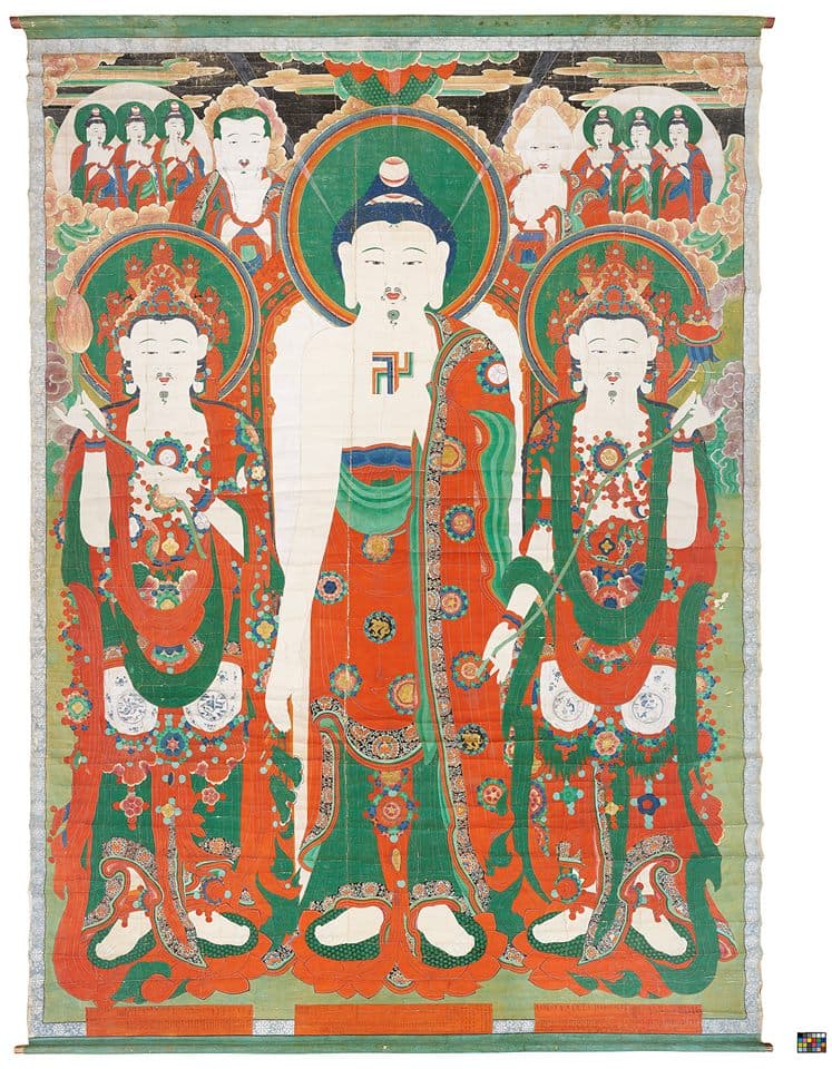 〈옥천사 괘불〉, 1808년, 비단에 색, 1,006×747.9(943.5×702.0)cm, 경상남도유형문화재 제299호, 경상남도 고성 옥천사