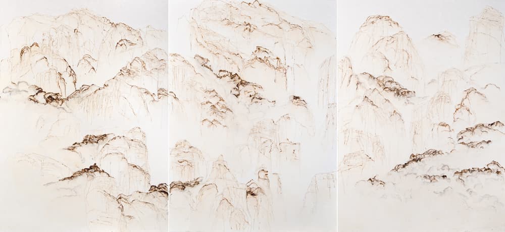 骨山-Daedunsan_장지에 화선지 꼴라쥬, 향, 라이터_390×180㎝_2015