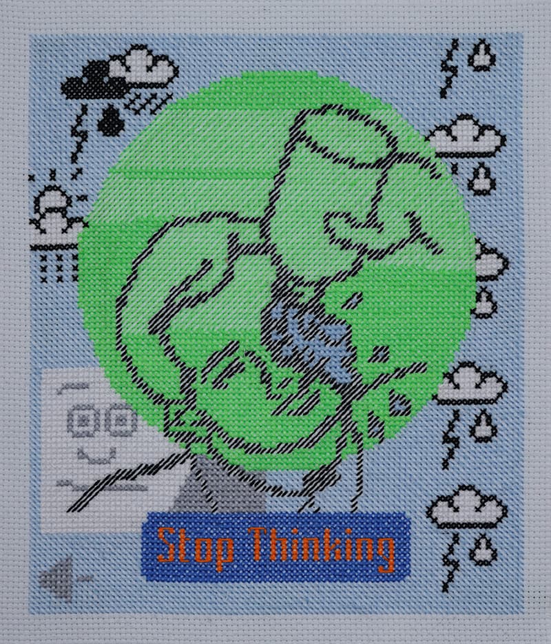 문채원, Untitled (Stop Thinking), embroidery on fabric, 30.48x17.8cm, 2020