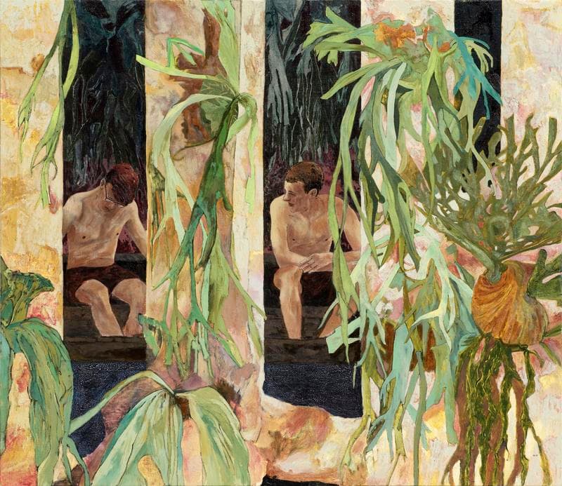 Hernan Bas. two bathers by a river, 2017. Acrylic on linen, 213.4 x 182.9 cm. Courtesy of the artist, Lehmann Maupin, New York and Hong Kong and PKM