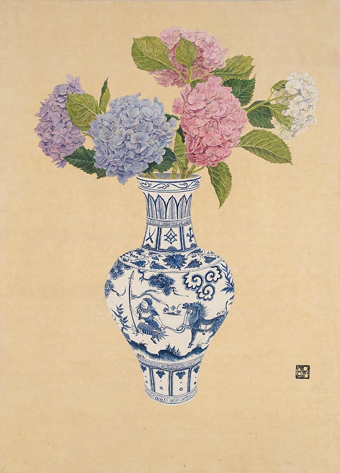 이정은, 화병에 담긴 풍요-수국, 장지에 채색, 106x76cm, 2016