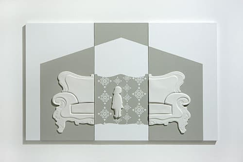 함연주_하얀의자와의 안녕 #1_캔버스에 채색, 세라믹_80×131cm_2016