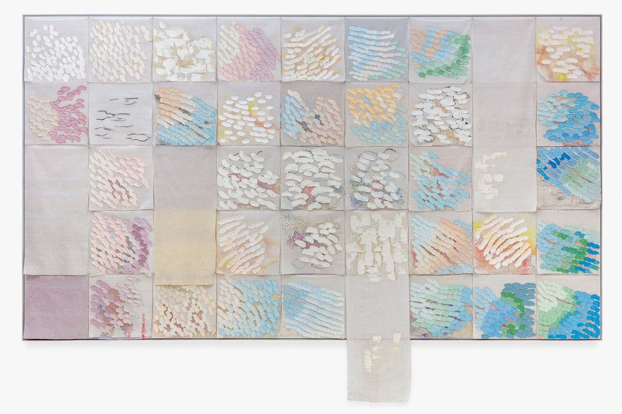 LIZA LOU, Sunday Morning, 2019, Oil paint on woven glass beads and thread on canvas, 71 x 126 inches  180.3 x 320 cm, Photo by Josh White