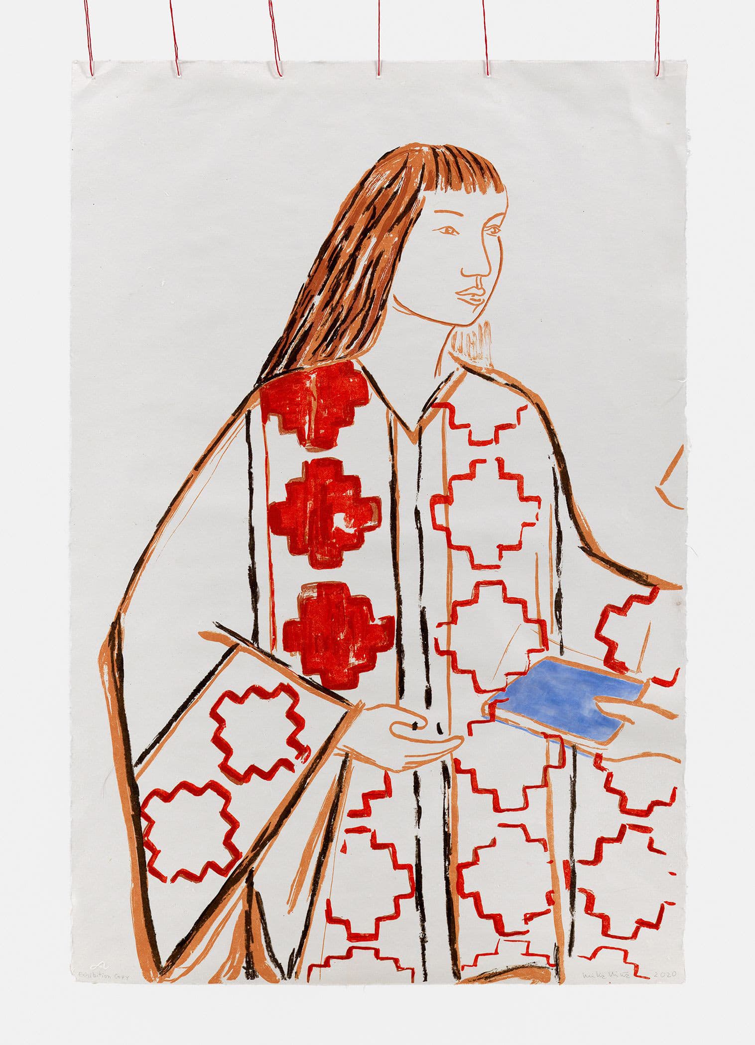 CECILIA VICUÑA, Niña Mapuche, 1975–2021, (detail) Photo lithograph on mulberry paper with bamboo and red thread, 76.2 x 50.8 cm, Photo by Dan Bradica